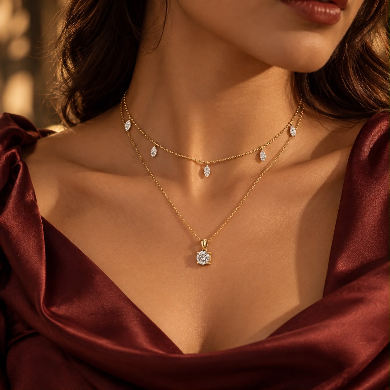Delicate gold pendant necklace with a diamond